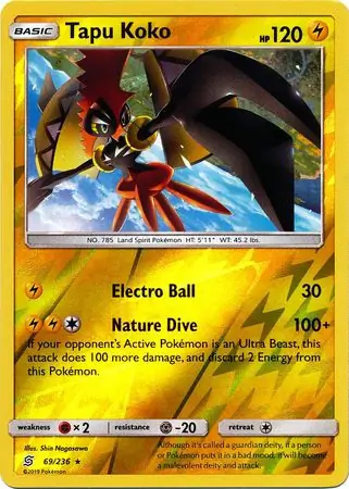 Tapu Koko Reverse Holo Pokemon card from Unified Minds
